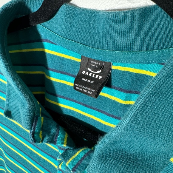 Oakley Polo Shirt Mens Size Large Green Yellow Striped Short Sleeve Regular Fit - Picture 3 of 5